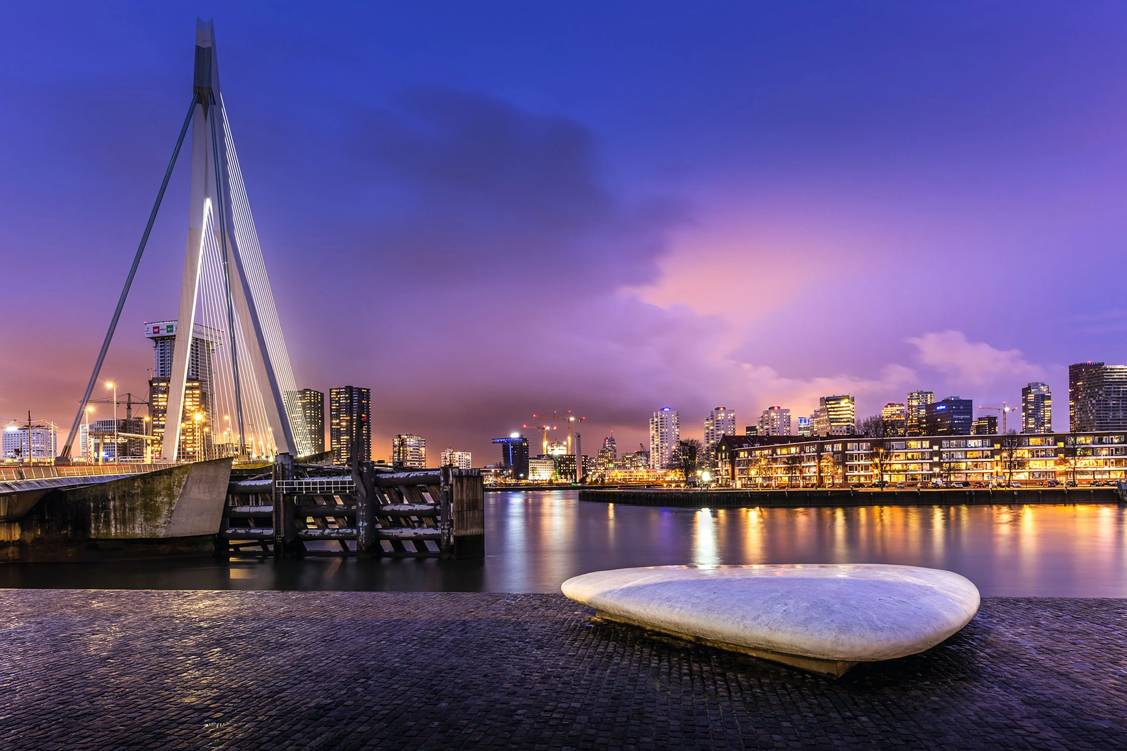 De Erasmusbrug en de Rotterdamse skyline in de avond